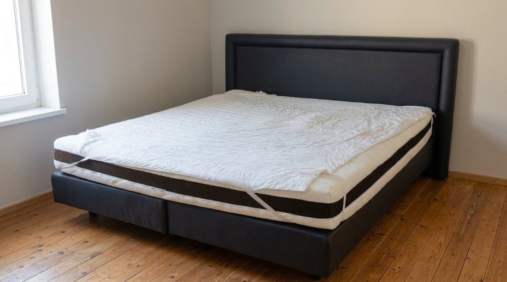 Zwarte lederlook tweepersoons boxspring 180 x 200 met topper, Huis en Inrichting, Ophalen, Zwart, Tweepersoons, Zo goed als nieuw