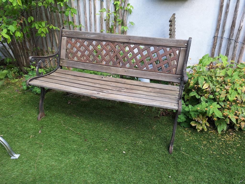 Mooie oude tuinbank 120cm met gietijzeren poten, Ophalen