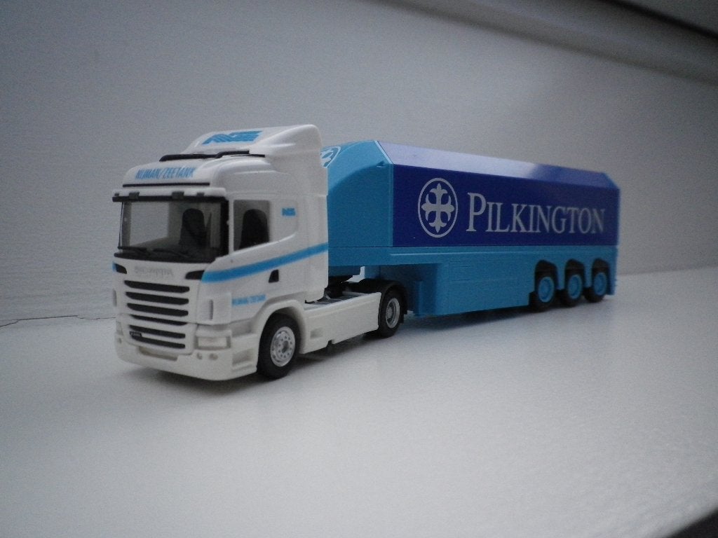 Herpa Scania R glastrailer Nico Nijman/ Pilkington., Ophalen of Verzenden, Zo goed als nieuw, Bus of Vrachtwagen, Herpa