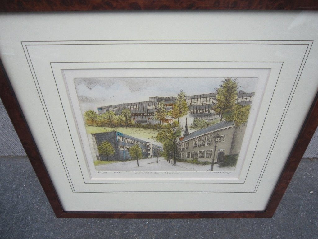 ETS, Rotterdam, Hog ECON SCHOOL,Kralingsezoom/HoflaanWIERING, Antiek en Kunst, Ophalen, Stadsgezicht, Ets, 1950 - 1999