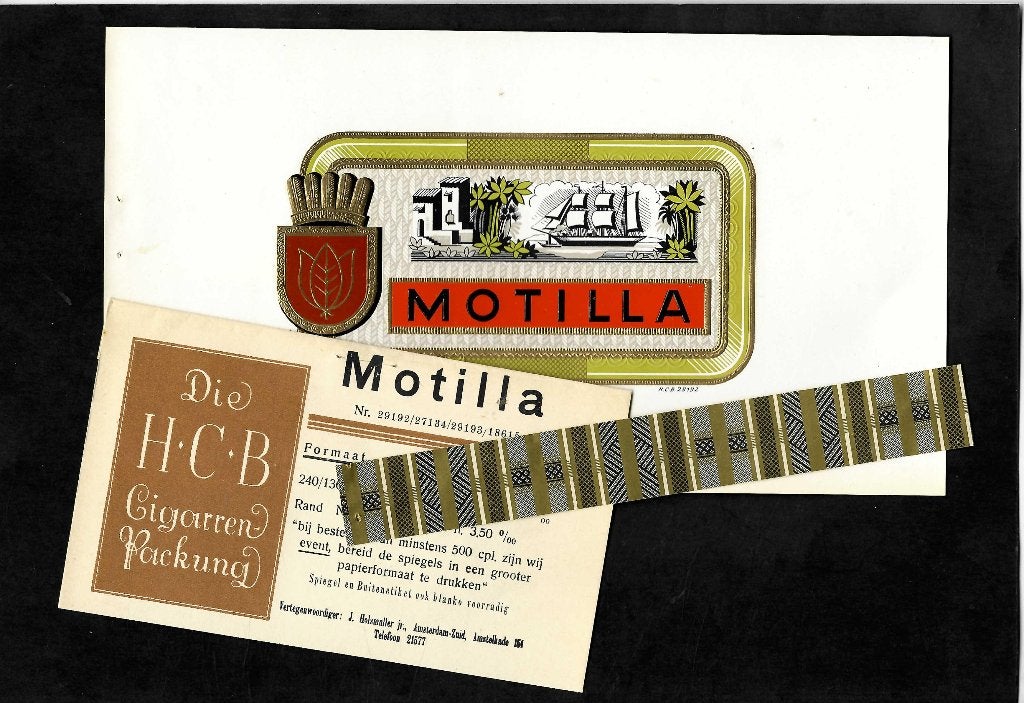 Carl Bruning  set etiket  Motilla, Ophalen of Verzenden, Gebruikt, Sigarenbandjes