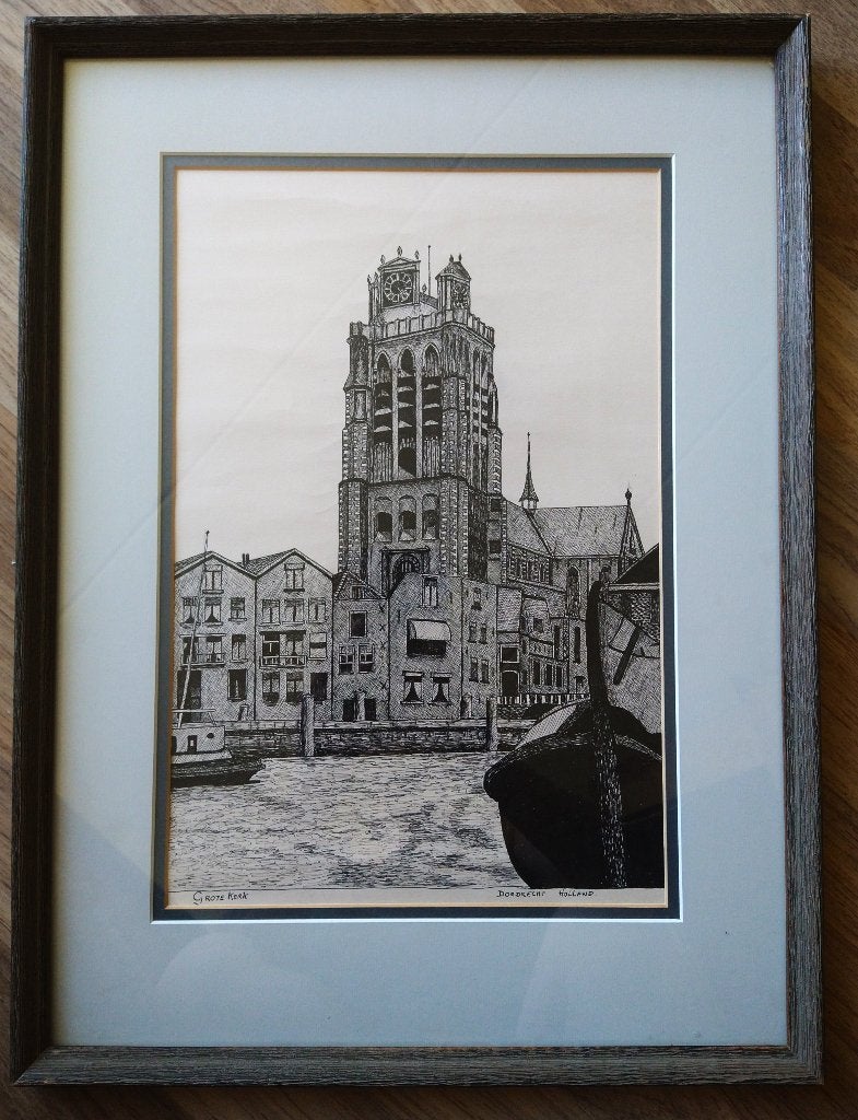 Tekening Grote Kerk of Lieve Vrouwe Kerk Dordrecht, Antiek en Kunst, Kunst | Tekeningen en Foto's, Ophalen of Verzenden, Tekening