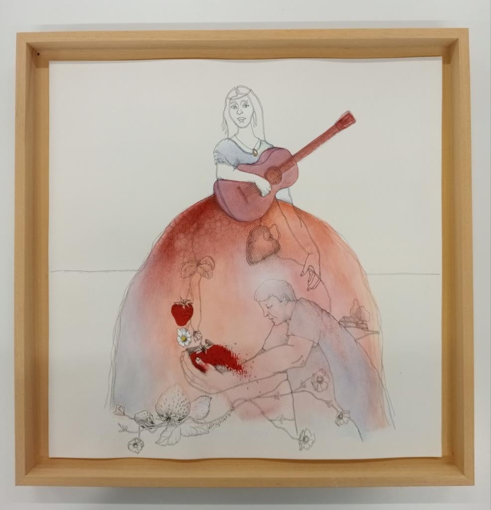 Aquarel: Vrouw met gitaar en aardbeien, Antiek en Kunst, Kunst | Tekeningen en Foto's, Ophalen of Verzenden