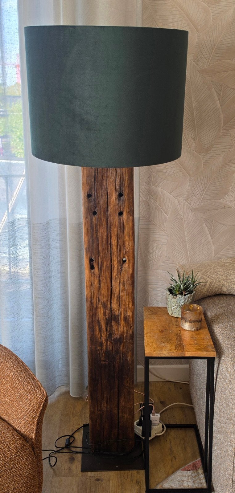 Prachtige staande lamp met groene velours kap, Ophalen, E27 (groot), Zo goed als nieuw, Industrieel, Landelijk, Modern