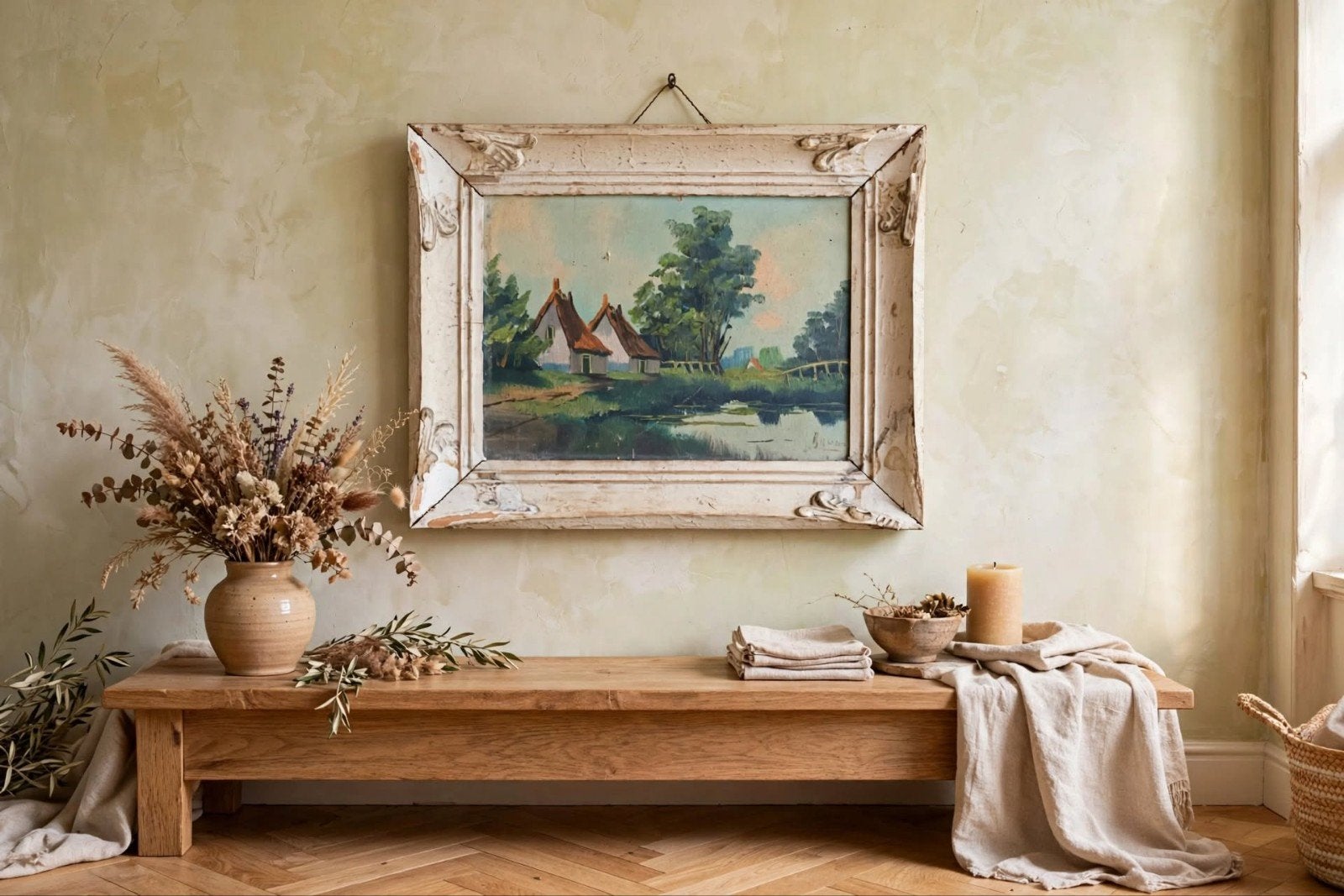 Olieverfschilderij Landschap met Huizen en Water, Antiek en Kunst, Doek, Ophalen of Verzenden, Landschap, Olieverf