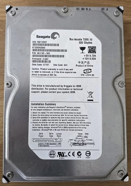Seagate Barracuda 7200.10 ST3320820AS 320GB SATA, Intern, Gebruikt, 320 GB, Ophalen of Verzenden