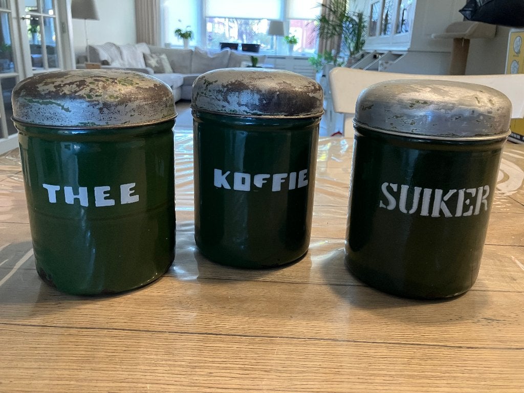 Drie mooie emaillen bewaarblikken, Ophalen of Verzenden, Gebruikt, Koffie