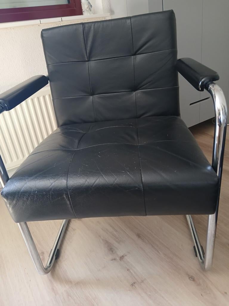 Zwarte leren stoel met chromen frame, Huis en Inrichting, Stoelen, Ophalen, Gebruikt, Zwart, Leer