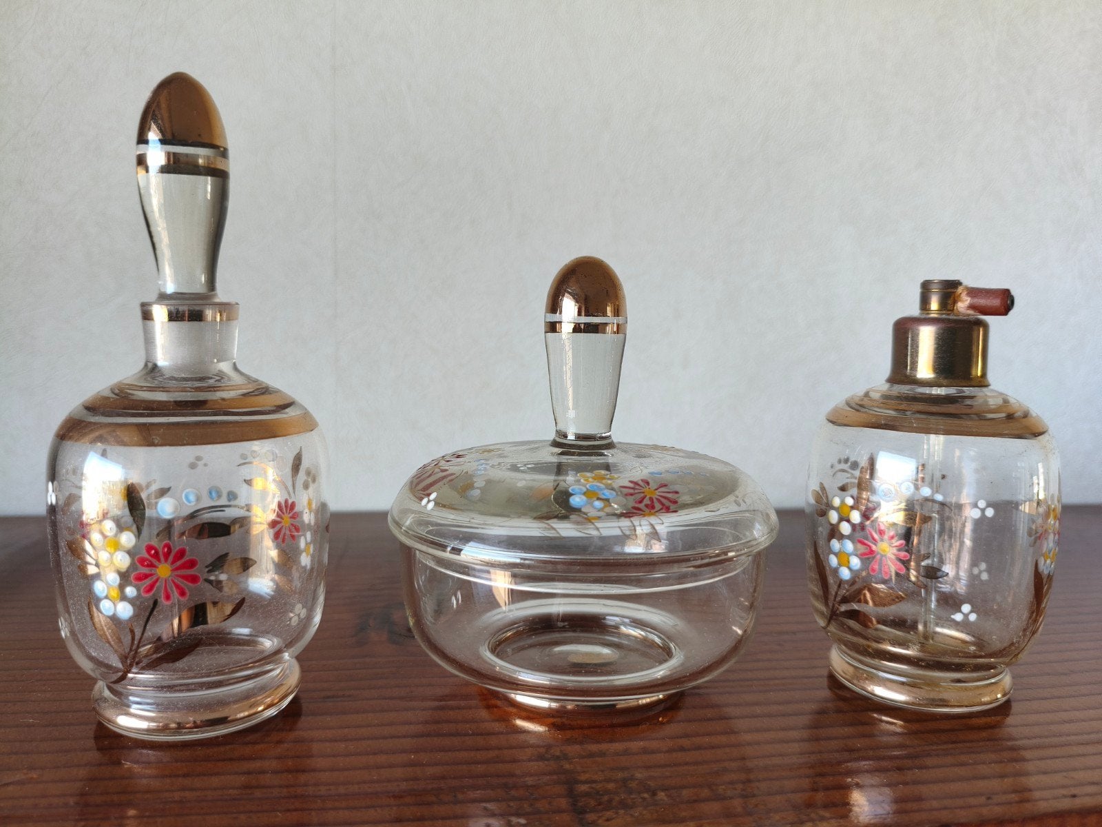 Vintage Glazen Toilettafel Set met Bloemmotief, Antiek en Kunst, Ophalen