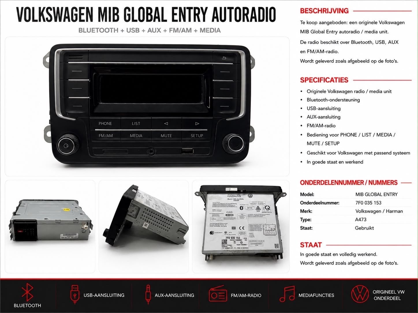 Volkswagen MIB Global Entry Autoradio - Bluetooth USB AUX FM, Auto diversen, Autoradio's, Ophalen of Verzenden, Gebruikt