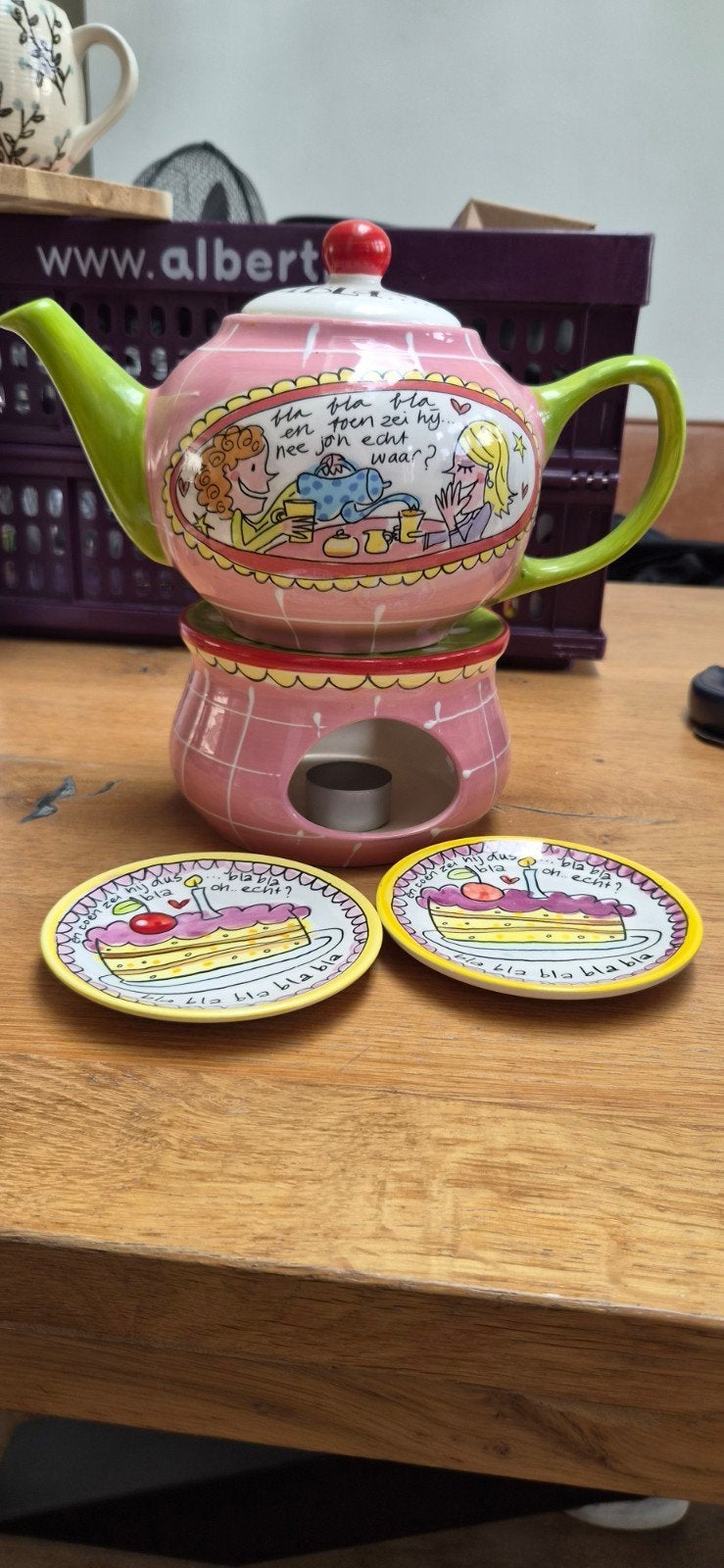 Blond Amsterdam theepot met theelicht en gebaksbordjes, Ophalen, Gebruikt, Aardewerk, Overige typen
