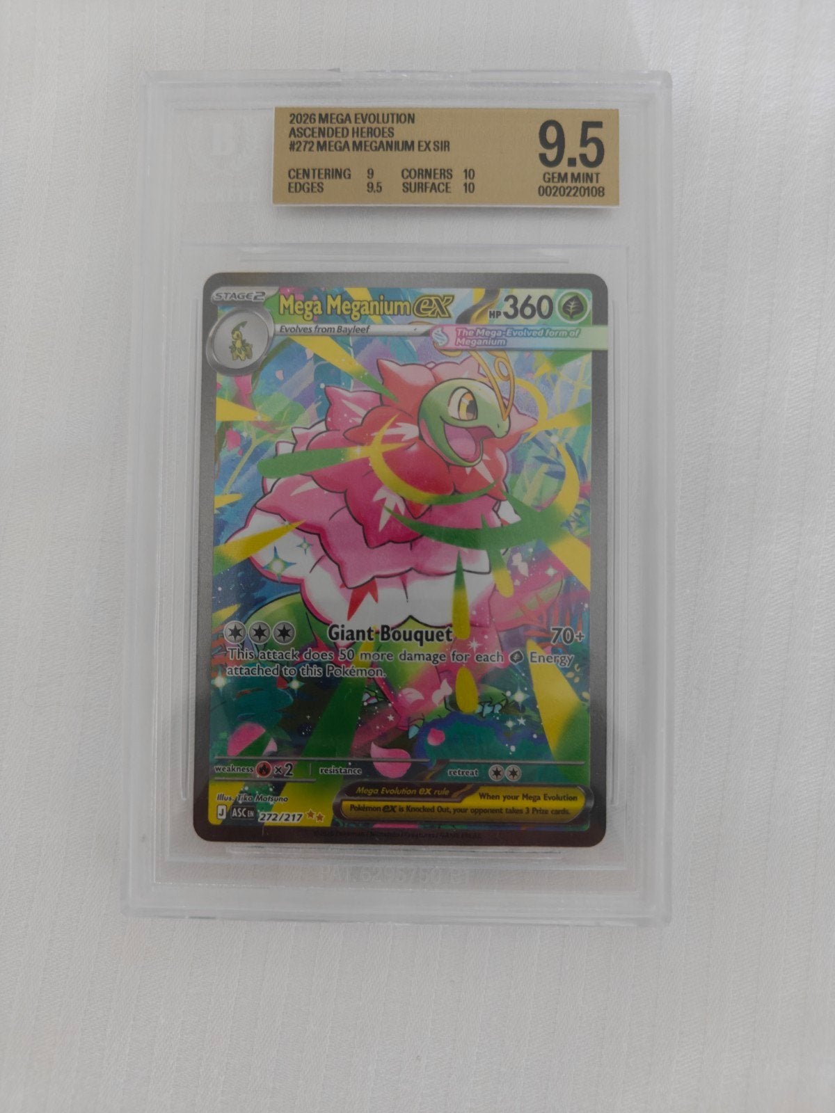 Pokémon Mega Meganium ex 272/217 - Graded 9.5 Gem Mint, Ophalen of Verzenden, Zo goed als nieuw, Losse kaart