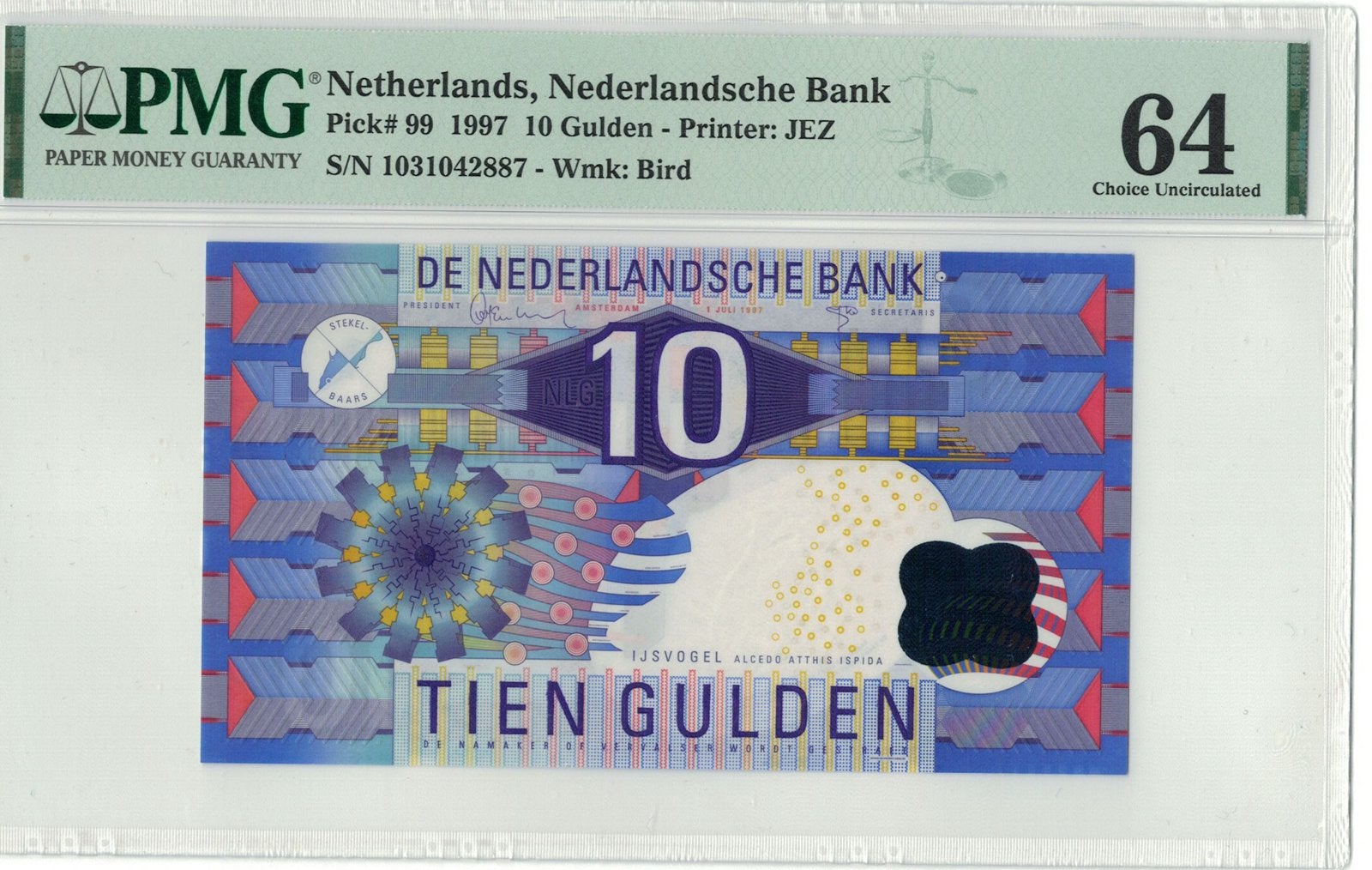 Nederland 10 Gulden IJsvogel 1997 PMG 64, Postzegels en Munten, Bankbiljetten | Nederland, 10 gulden, Ophalen of Verzenden
