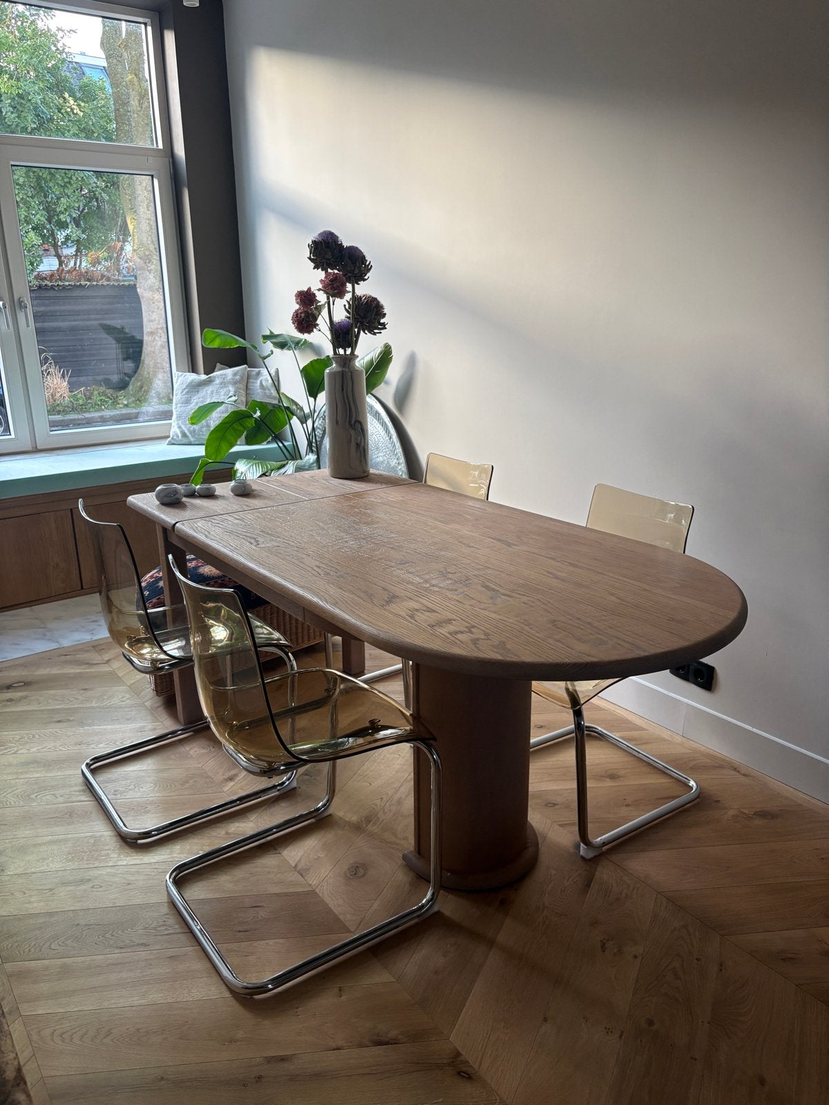 Set van 4 transparante eetkamerstoelen met metalen onderstel, Kunststof, Gebruikt, Overige kleuren, Ophalen of Verzenden
