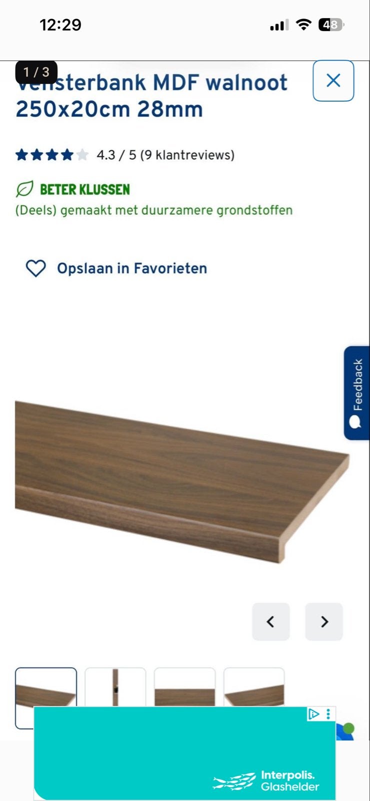 3x CANDO Vensterbank MDF walnoot 250x20cm 28mm, Ophalen, 25 tot 50 mm, Overige typen, Nieuw