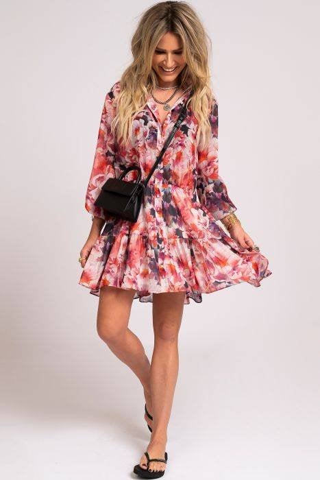 Nikkie rood roze gebloemde jurk Soleil dress mt XS-S 44901