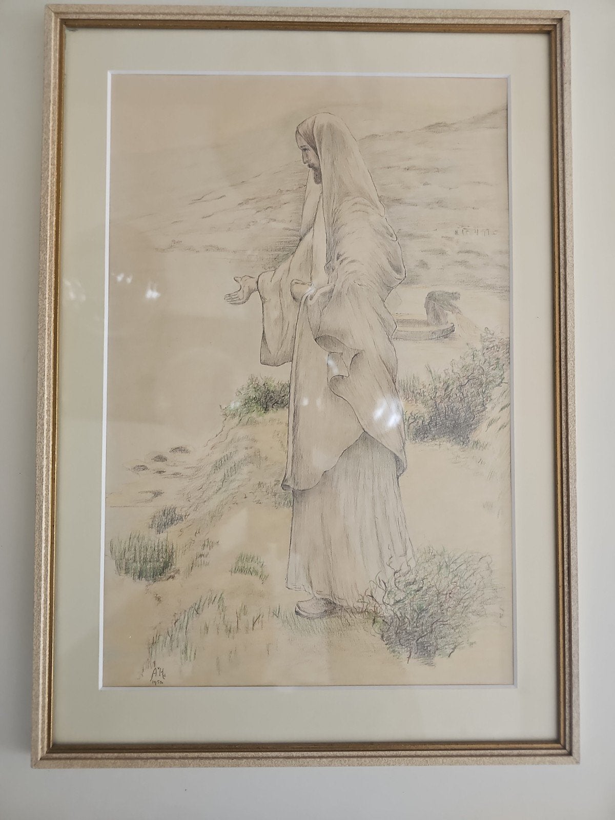 Religieuze pasteltekening uit 1952 - Ingelijst, Antiek en Kunst, Ophalen of Verzenden