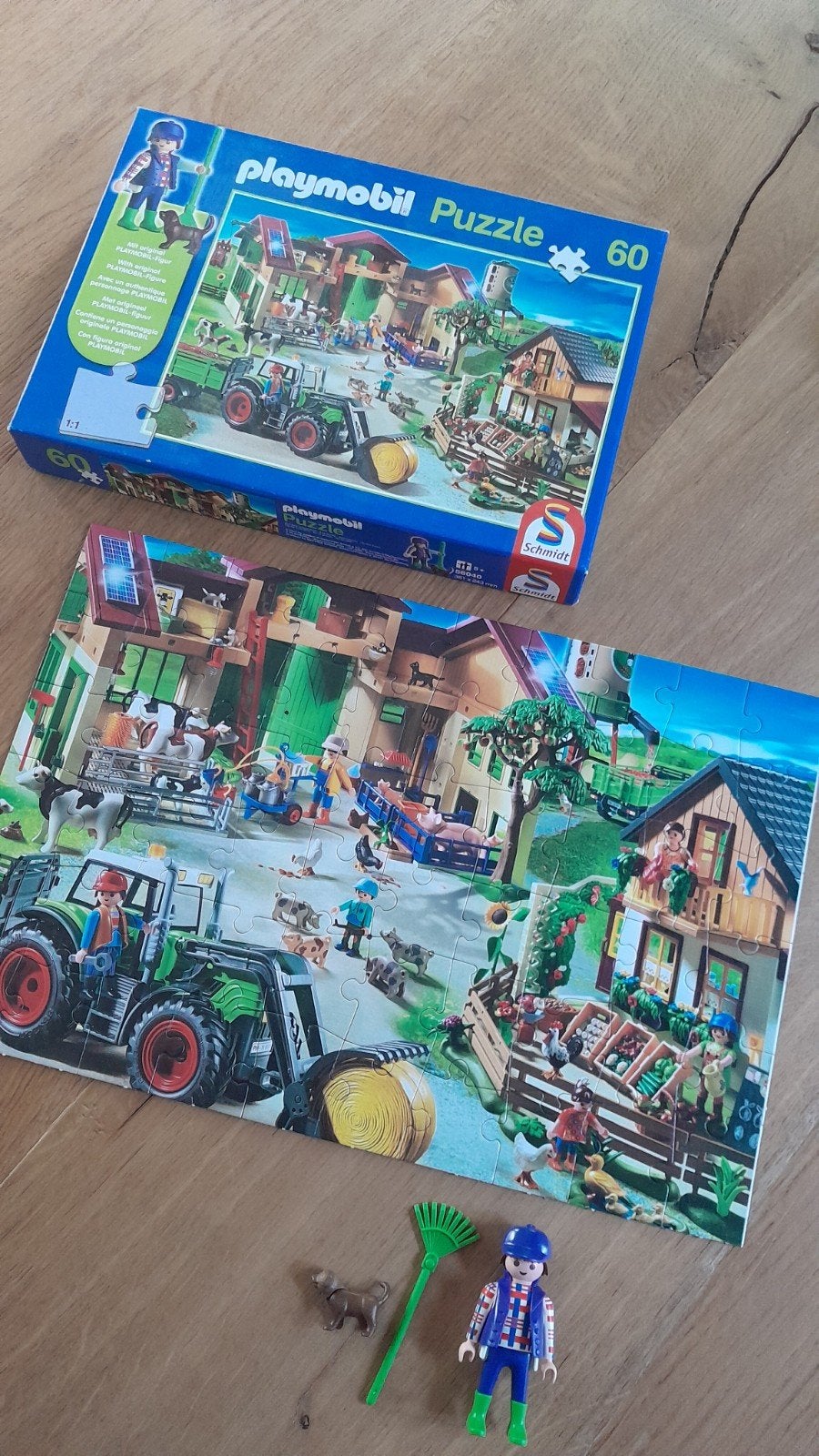 Schmidt Playmobil legpuzzel 60 st +Playmobil poppetje enz., Ophalen of Verzenden, Zo goed als nieuw