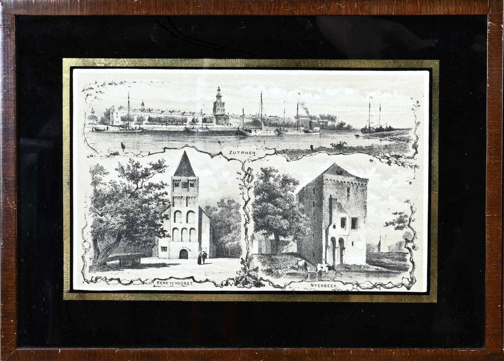 Lithografie (gravure) Zutphen, kerk te Voorst en Nyenbeek, Ingelijst, 33 cm, Stadsgezicht, Ophalen of Verzenden