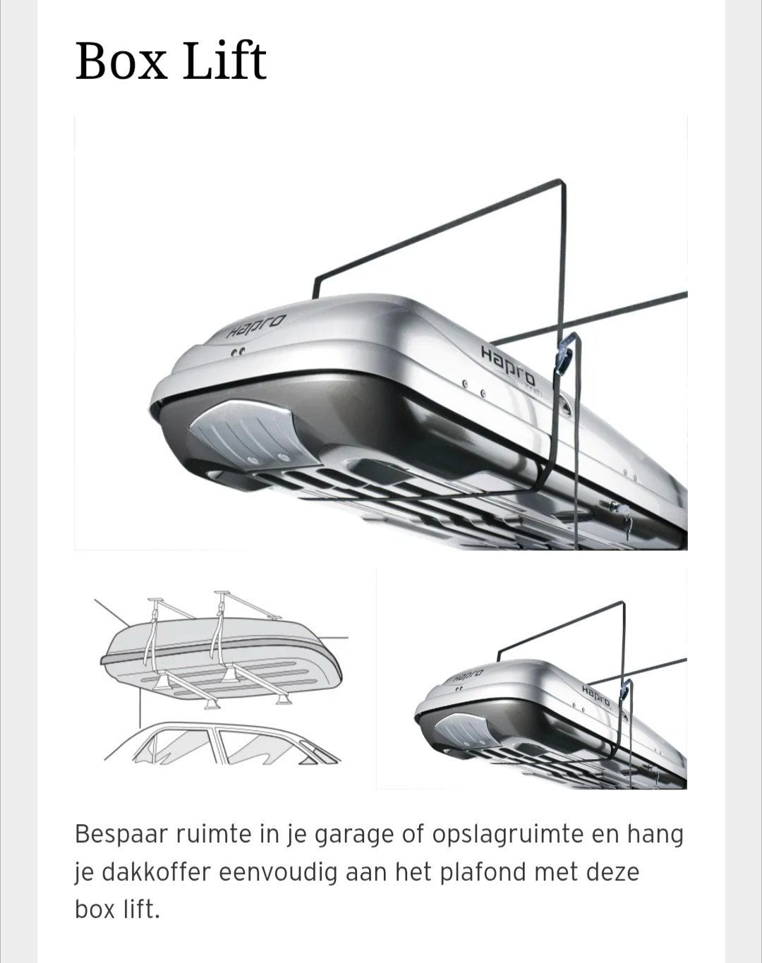 Hapro Box Lift: Dakkoffer Ophangsysteem voor Plafond, Ophalen of Verzenden, Gebruikt
