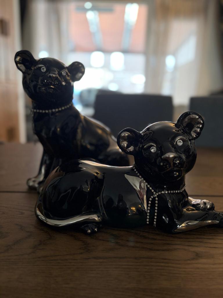 Set van 2 zwarte keramische panter beelden met strass, Ophalen, Modern, Steen/keramiek, Gebruikt