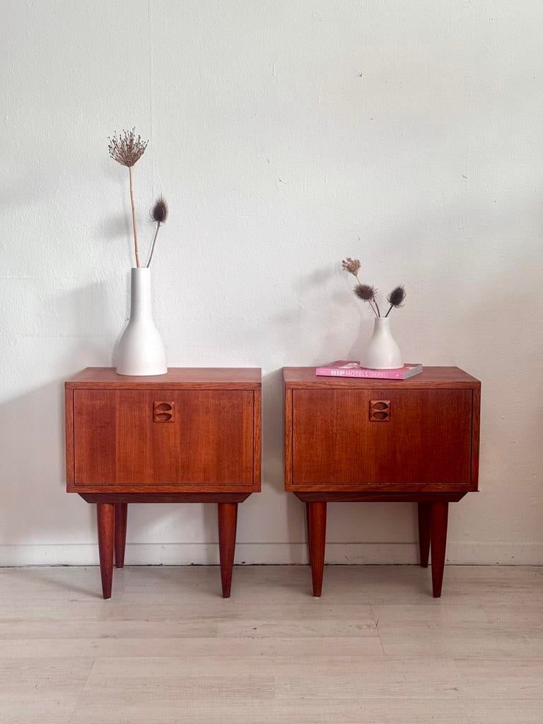 Set Deense vintage nachtkastjes – teak, jaren 60, Ophalen, Gebruikt, 55 tot 70 cm, Nvt