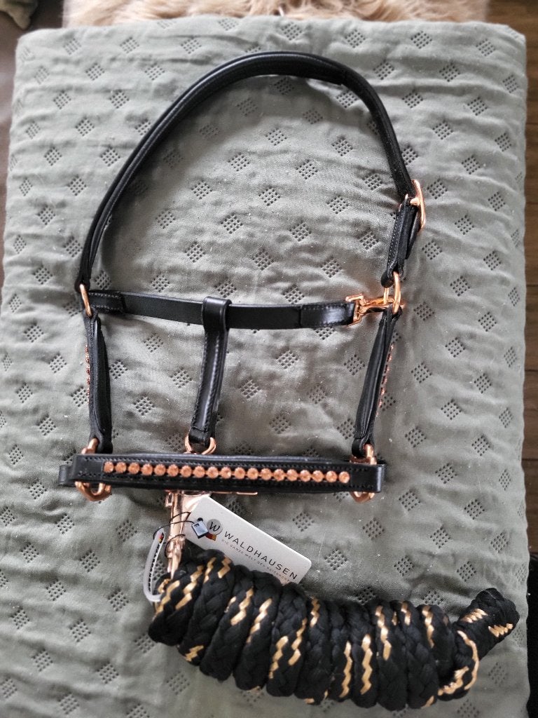 Leren bling halster, zwart/rose gold, maat mini, nieuw, Dieren en Toebehoren, Paarden en Pony's | Hoofdstellen en Tuigage, Ophalen of Verzenden