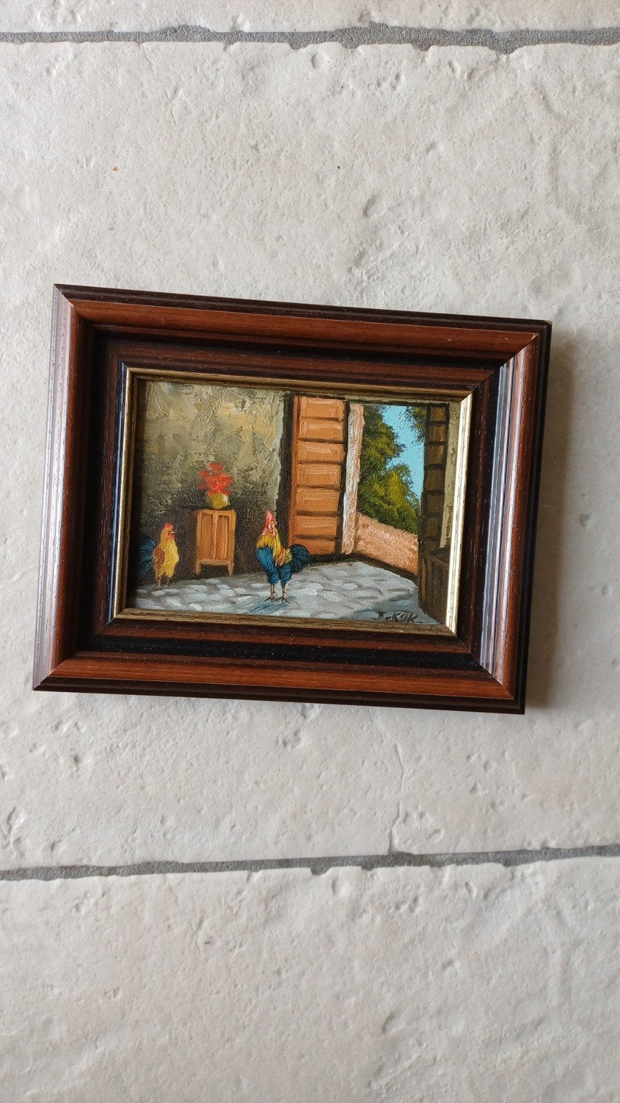 Schilderij Kippen, olieverf op doek, gesigneerd J. Kok, Antiek en Kunst, Doek, Dieren, Ophalen of Verzenden, Olieverf