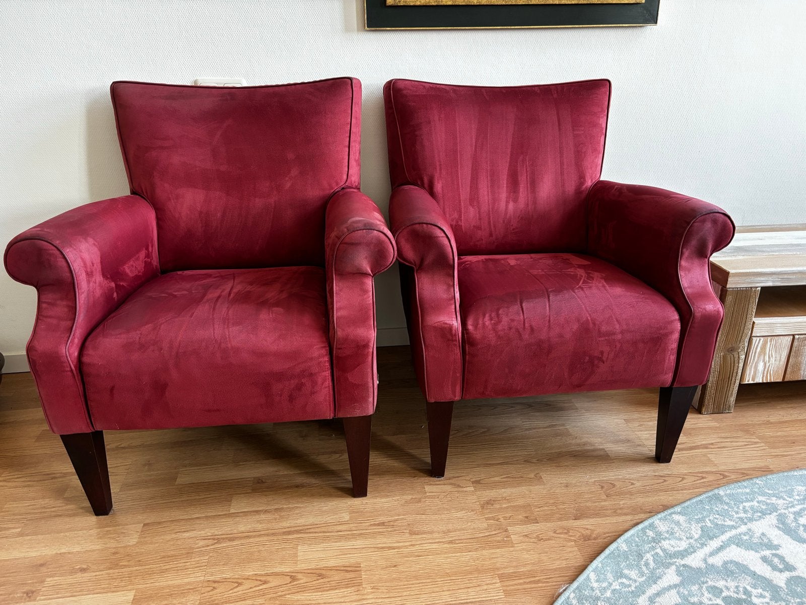 Set van 2 Natuzzi fauteuils - Rood velours, Gebruikt, Twee, Ophalen of Verzenden, Stof