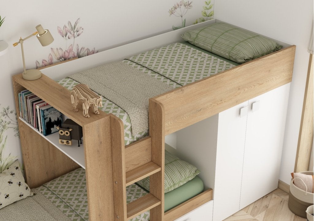 Maxim Multifunctioneel Stapelbed - 90x200 - Eikenkleur/wit, Niet ingevuld, Niet ingevuld, Niet ingevuld