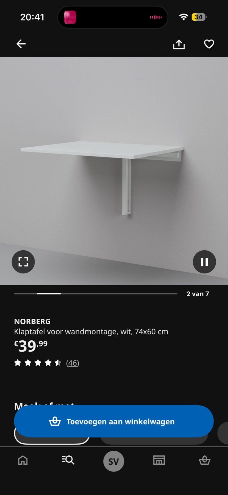 IKEA NORBERG Klaptafel voor wandmontage, wit, 74x60 cm, Ophalen, Overige materialen, Tot twee personen, 50 tot 100 cm
