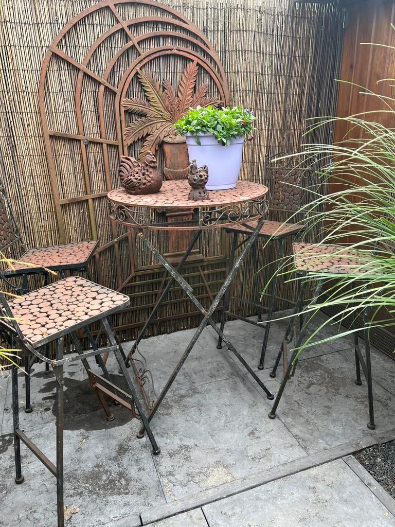 Franse brocante ijzeren hoge bistro set - 4 stoelen, Ophalen, Gebruikt, Tuinset, Overige materialen