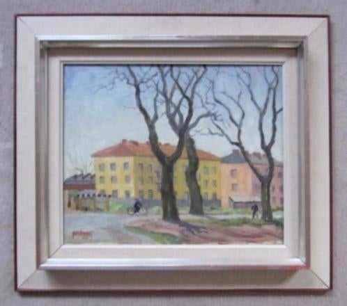 = uit 1942 == gesigneerd==== fietser in de buitenwijk =, Ophalen of Verzenden