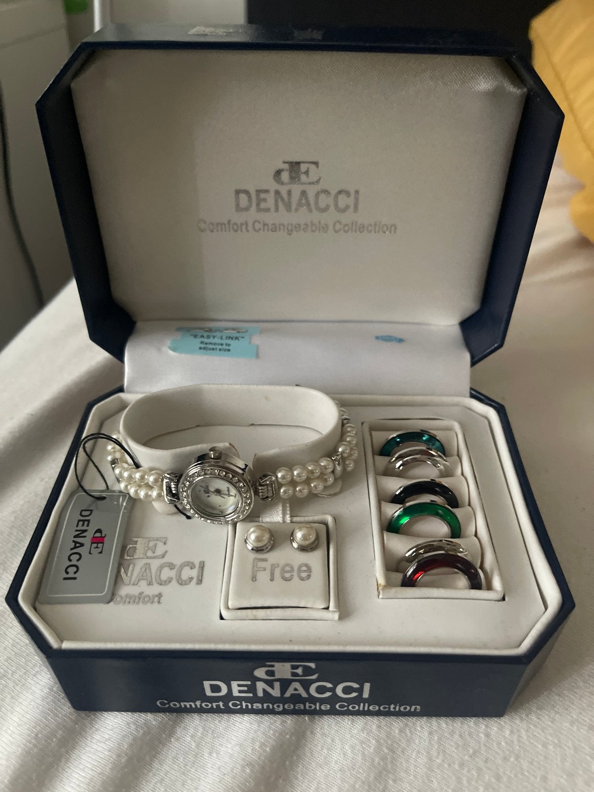 Denacci Horloge Set met Verwisselbare Ringen en Oorbellen, Overige merken, Overige materialen, Polshorloge, Ophalen of Verzenden