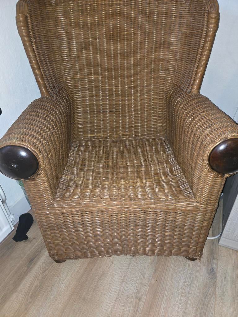 Rotan fauteuil met kussen, Ophalen, Gebruikt, Bruin, Riet of Rotan