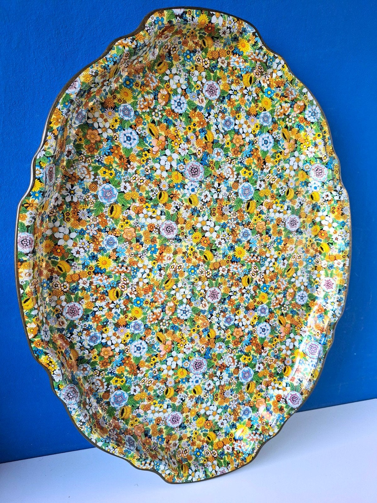 Vintage Baret Ware dienblad tray met bloemen, Gebruikt, Ophalen of Verzenden, Dienblad, Metaal
