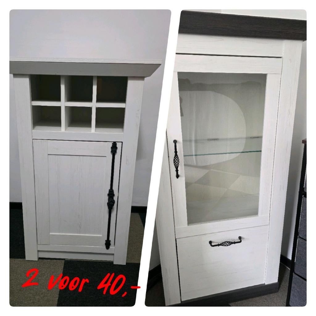 2 voor 40,-! Landelijk wit dressoir vitrine kasten, Ophalen, Zo goed als nieuw