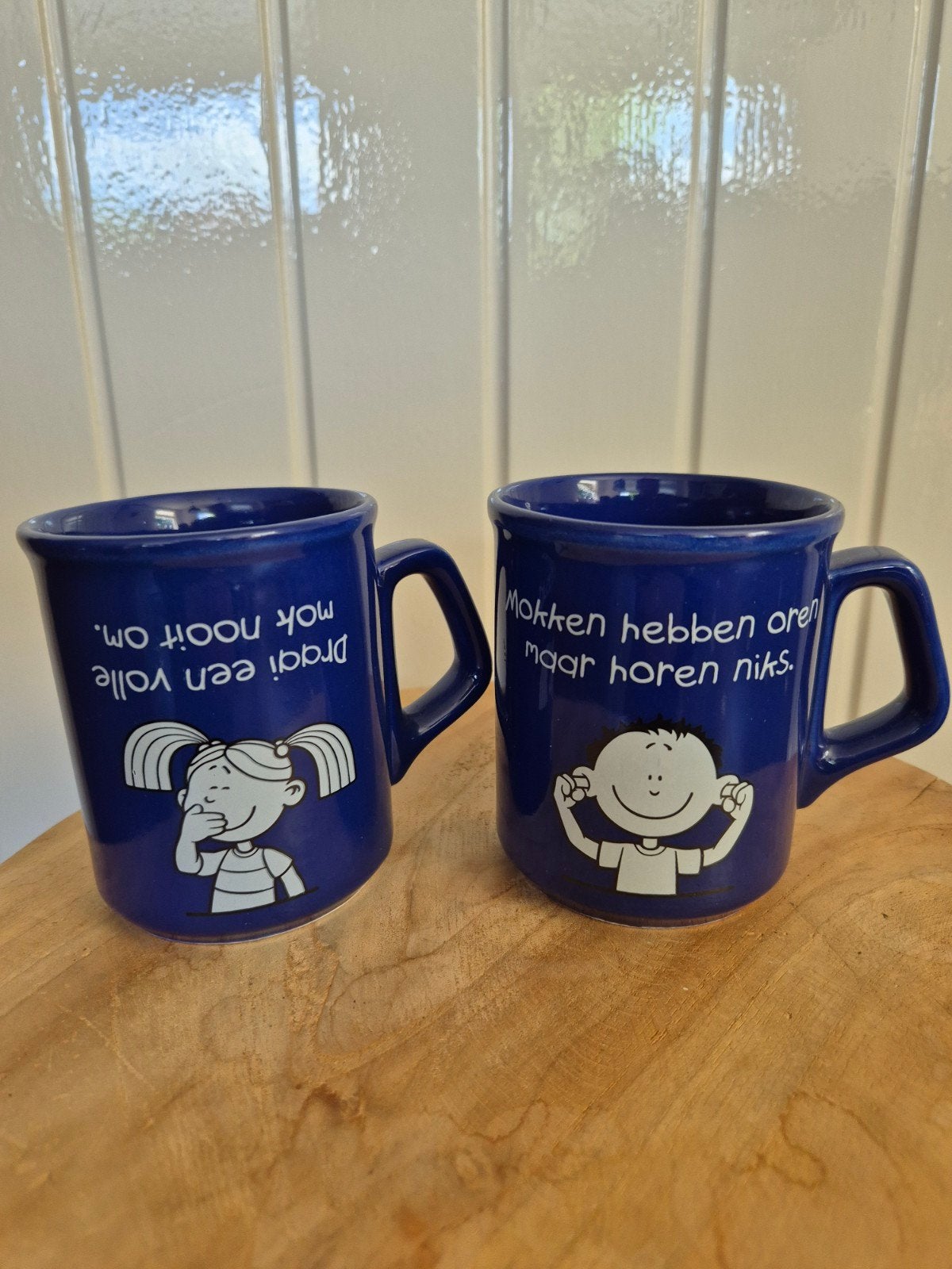 Set van 2 blauwe mokken Blue Band met grappige teksten, Ophalen of Verzenden, Zo goed als nieuw