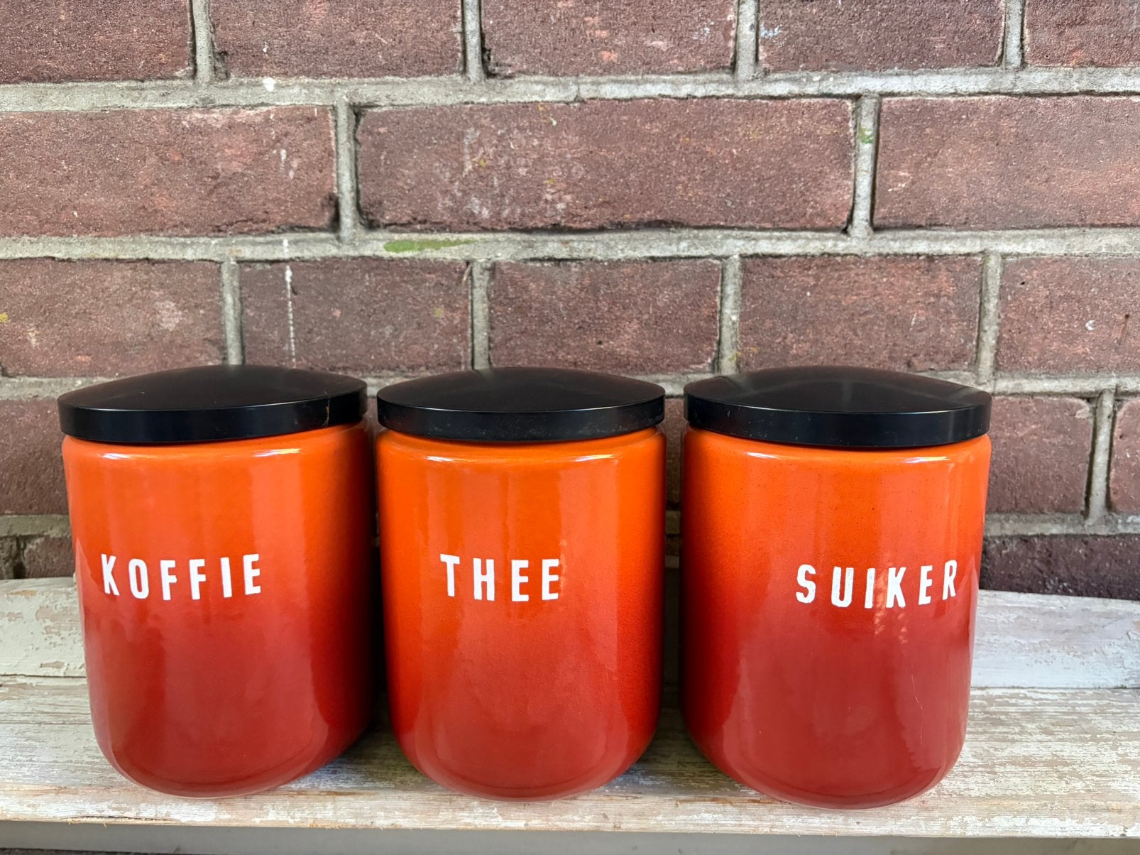 Voorraadbussen set koffie thee suiker oranje gevlamd emaille, Ophalen of Verzenden