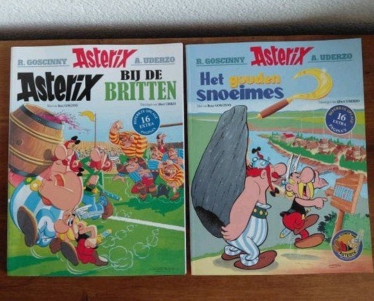 Asterix: Het gouden snoeimes & Bij de Britten. 16 pag. extra, Boeken, Meerdere stripboeken, Ophalen of Verzenden, Zo goed als nieuw