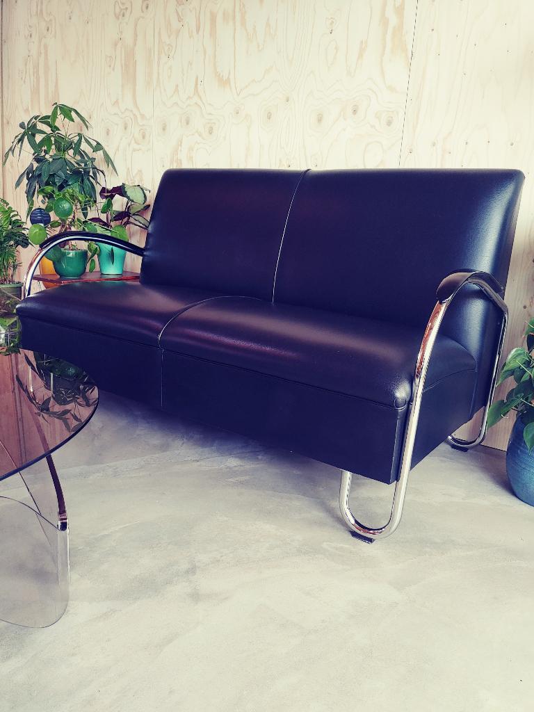 Vintage leren Gispen 444 I 2,5 zits bank I zwart leer, Ophalen, Gebruikt, 150 tot 200 cm, Tweepersoons