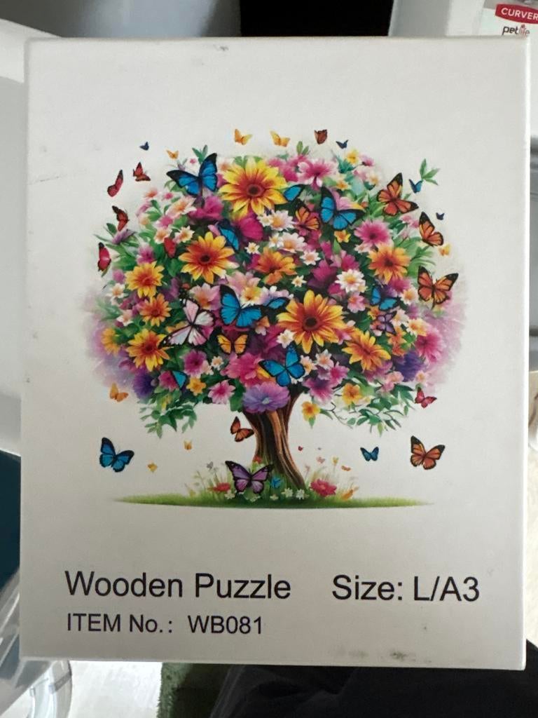 Houten puzzel met vlinders en bloemen, Hobby en Vrije tijd, Denksport en Puzzels, Ophalen, Minder dan 500 stukjes, Zo goed als nieuw