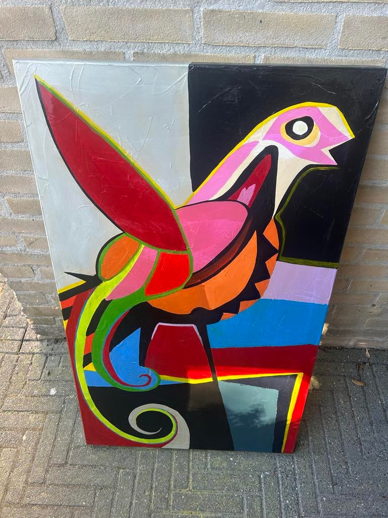 Kleurrijk Schilderij van een Vogel - Modern Kunstwerk, Ophalen of Verzenden