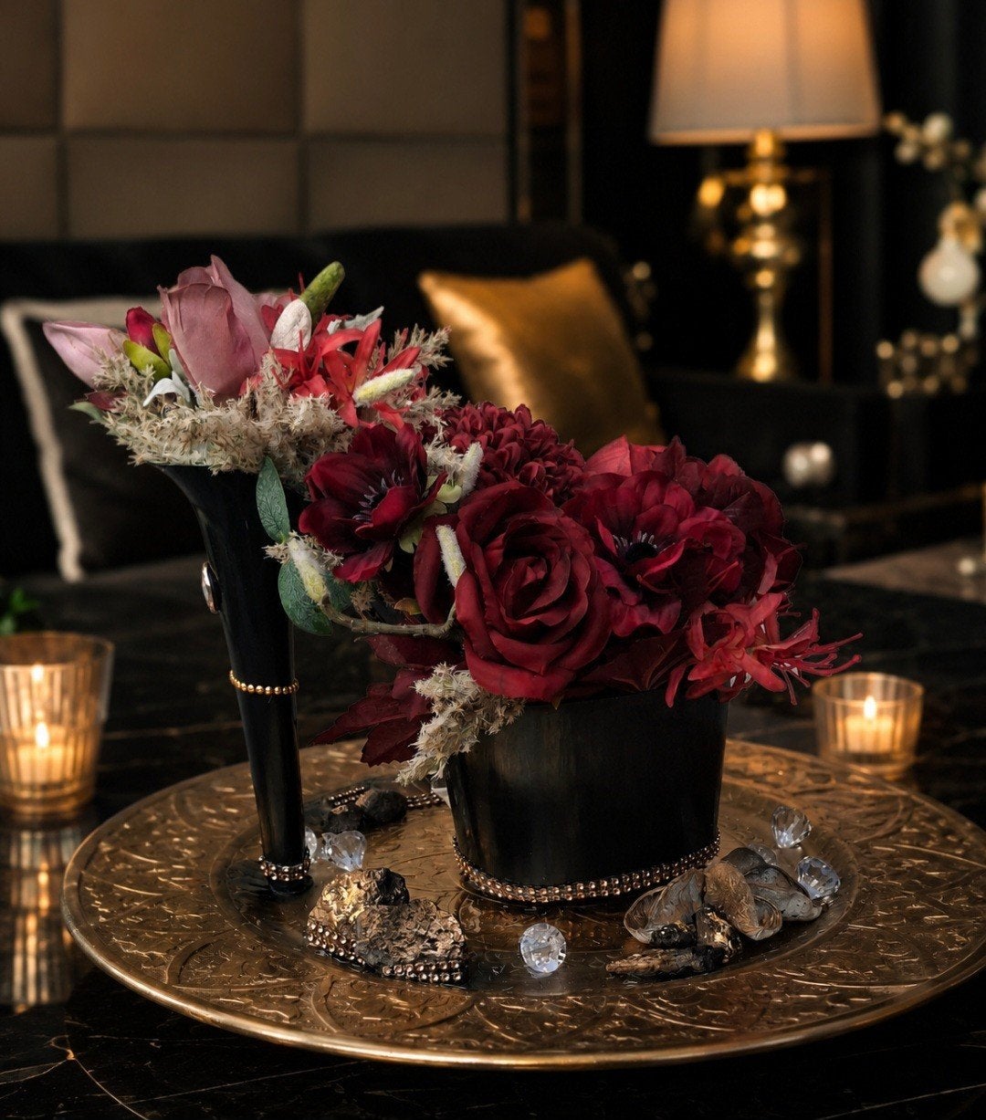 Hollywood Regency Bloemstuk op schaal| Hotel Chic | Luxe, Huis en Inrichting, Ophalen, Nieuw, Handgemaakt, Rood