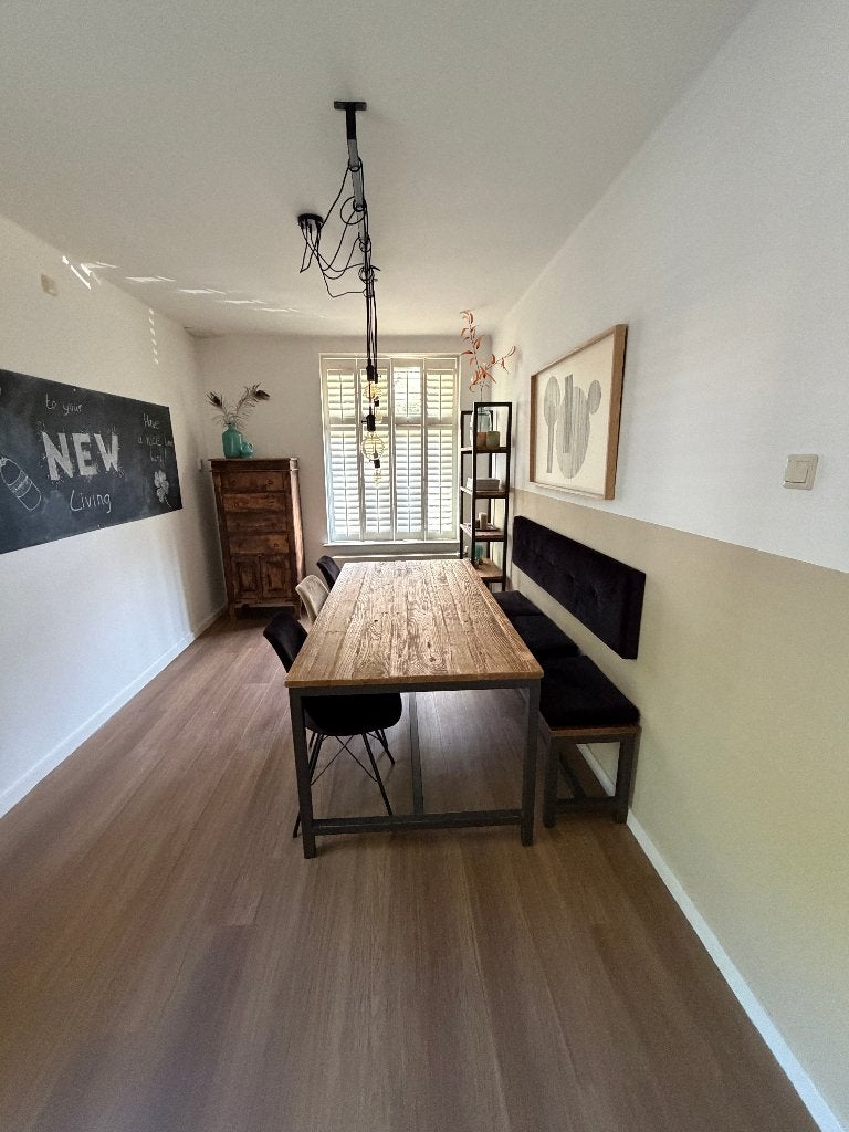 Industriële eetkamerset | tafel bank 3 KICK stoelen kast, Huis en Inrichting, Ophalen, 50 tot 100 cm, Zo goed als nieuw, Vijf personen of meer