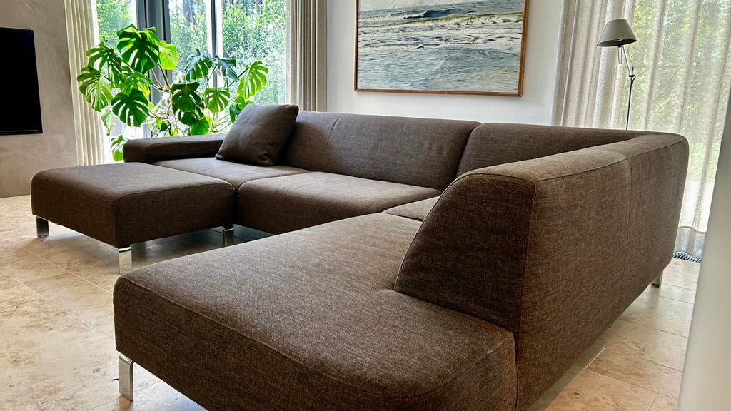 Bruine hoekbank met footstool van Sur & Plus, Gebruikt, Overige maten, Hoekbank, Ophalen of Verzenden