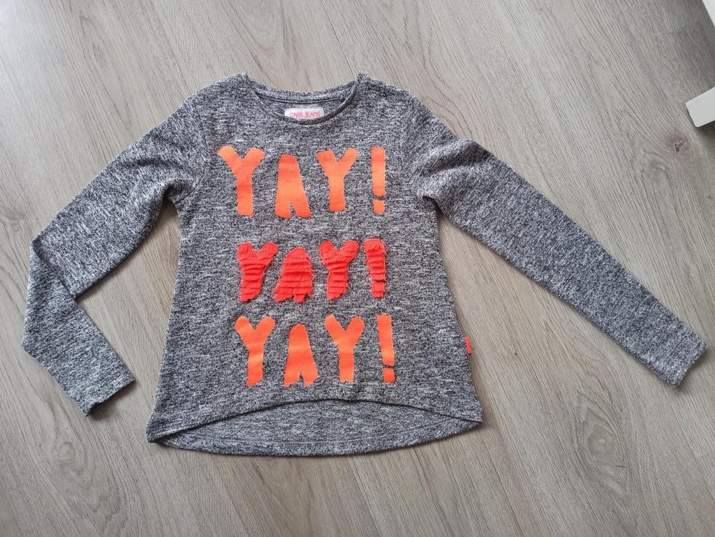 Cars Jeans Trui Grijs met Neon Oranje 'YAY!' Opdruk, Meisje, Ophalen of Verzenden, Zo goed als nieuw, Shirt of Longsleeve