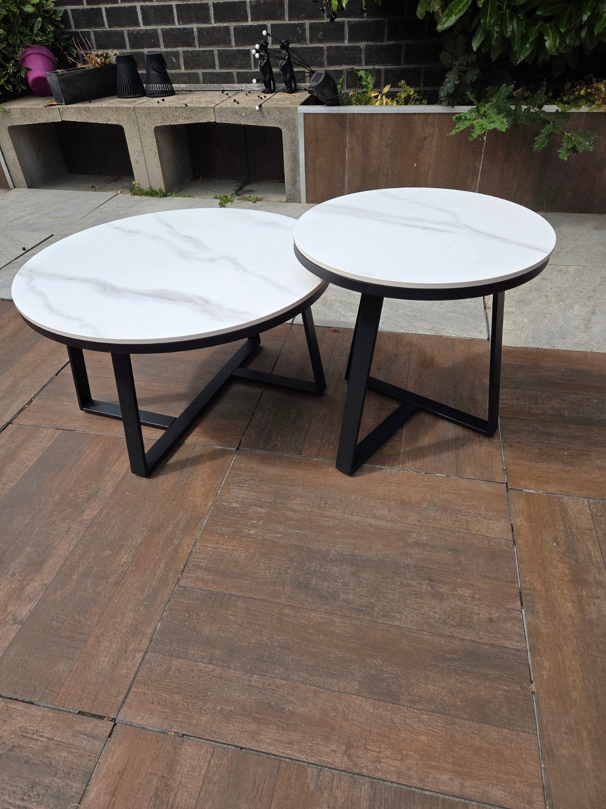Salontafel set met marmerlook bladen en stalen onderstel, Ophalen, Gebruikt, 50 tot 100 cm, Modern, Industrieel