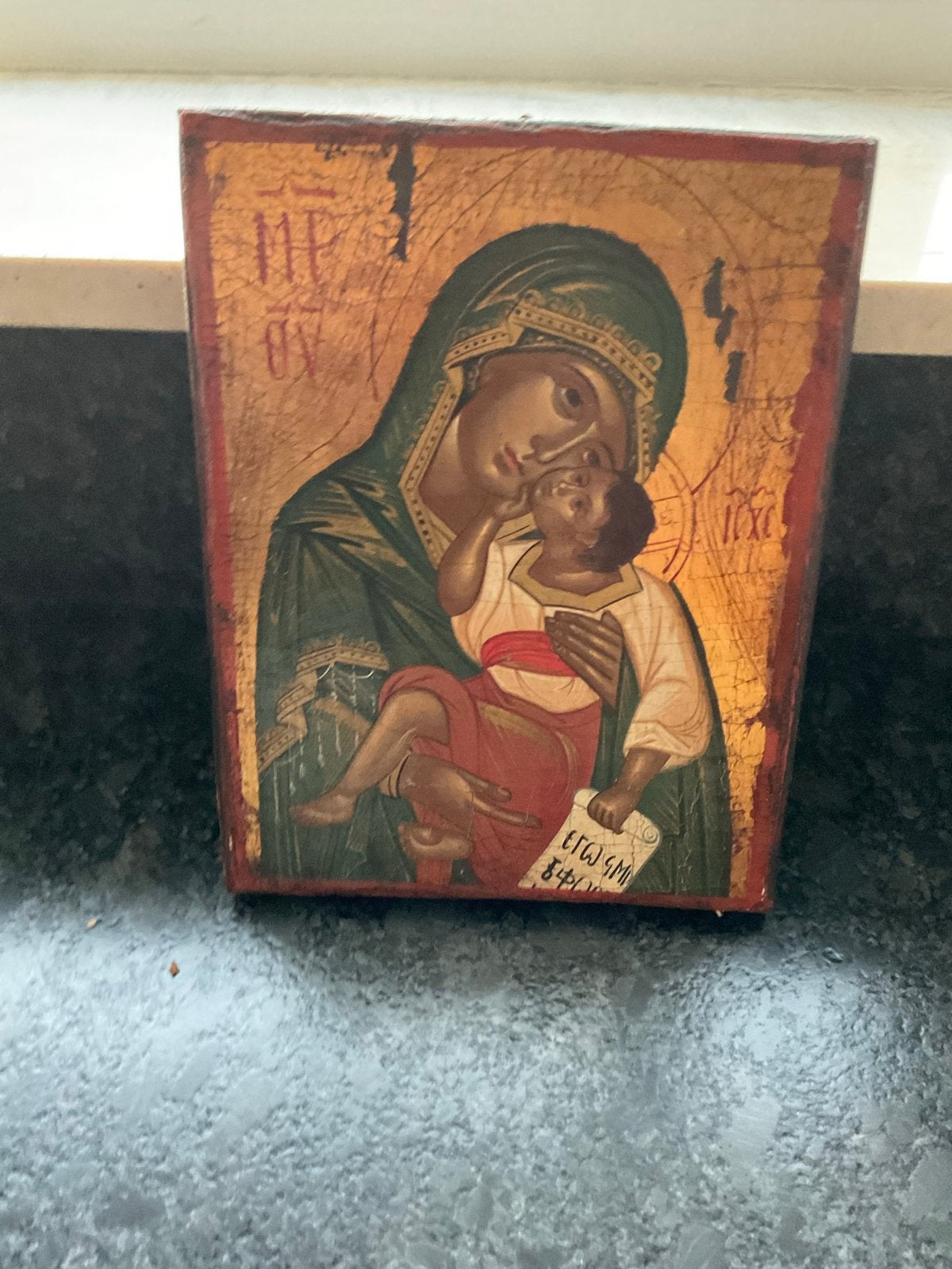 Antieke Griekse Orthodoxe Icoon Moeder en Kind, Ophalen of Verzenden
