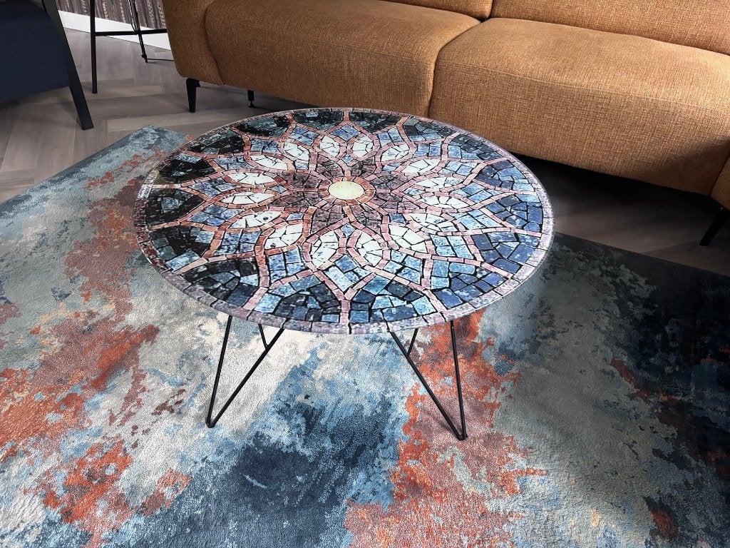 Salontafel met mozaïek blad en metalen onderstel, Ophalen, 50 tot 100 cm, Rond, 50 tot 100 cm